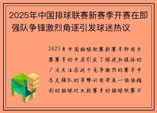 2025年中国排球联赛新赛季开赛在即 强队争锋激烈角逐引发球迷热议