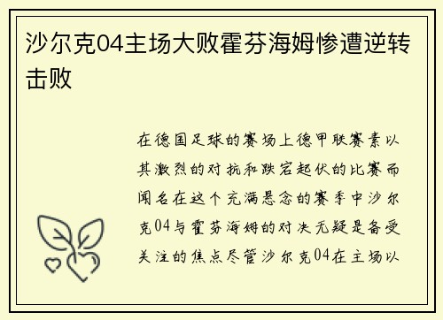 沙尔克04主场大败霍芬海姆惨遭逆转击败