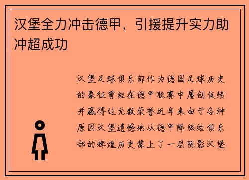 汉堡全力冲击德甲，引援提升实力助冲超成功